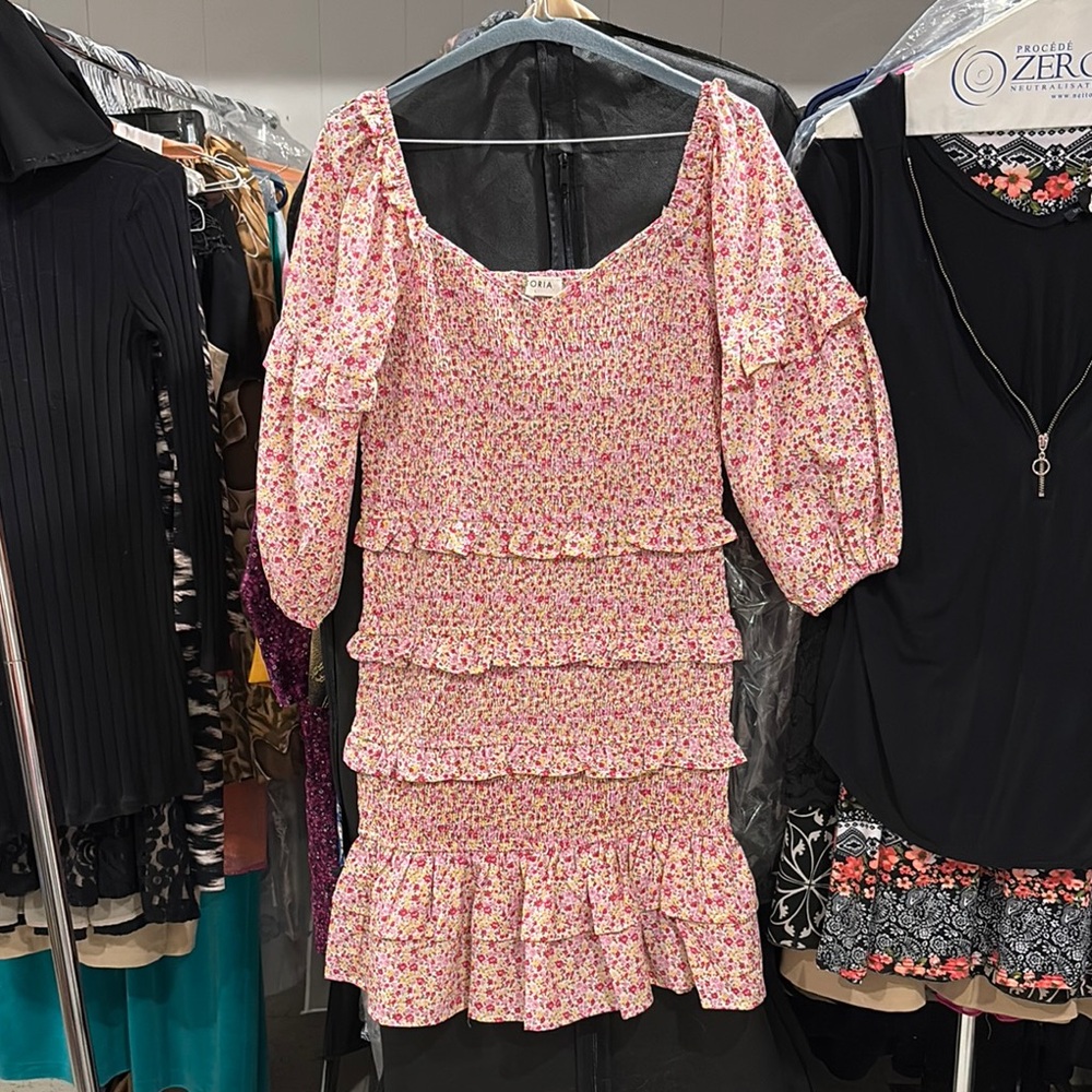 Storia Pink Ruched Puff Sleeve Sundress